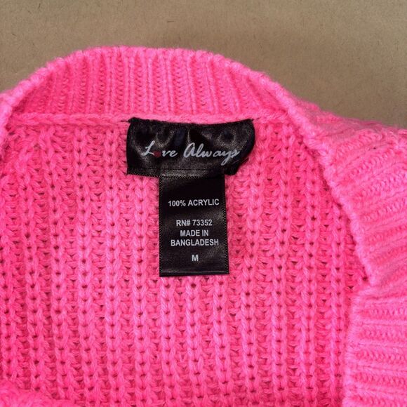 Love Always Hot Pink Neon Pullover Crew Neck Cable Knit Medium Barbie Y2K - Picture 3 of 4